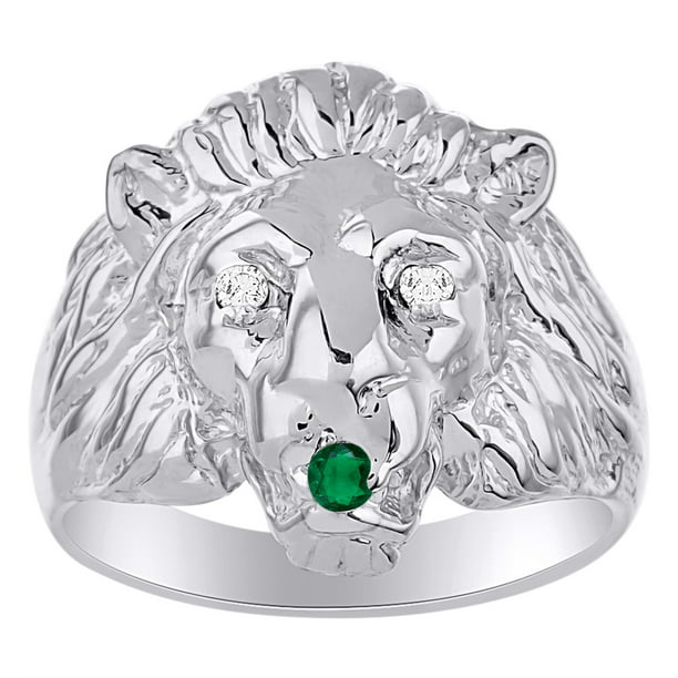 Diamond 10K White Gold Finish W/Lab Created Ice Out Lion Silver Mens Ring Size 